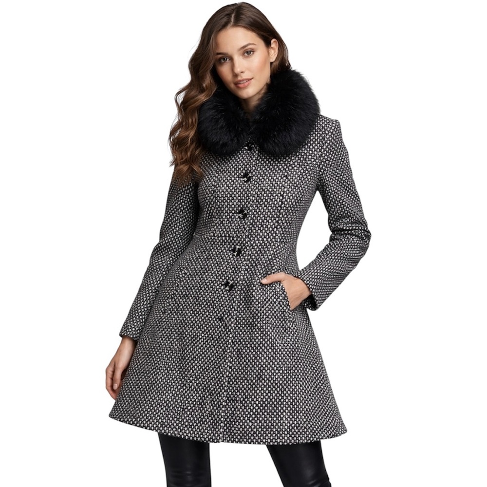 Alice + Olivia Black and White Wool Pea Coat Detachable Fox Fur Collar Medium